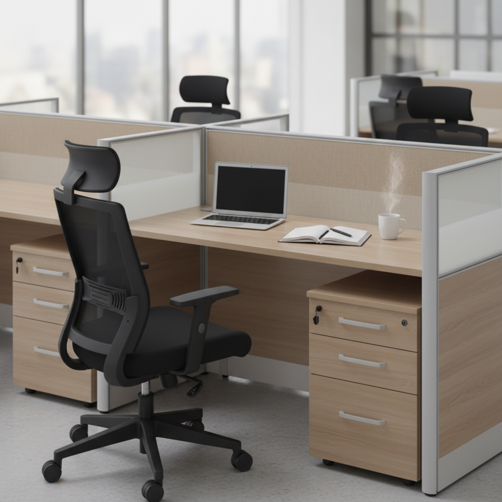4-Person Work Station Beech & White | Office Desk UAE | Free Delivery Dubai, Abu Dhabi, Sharjah