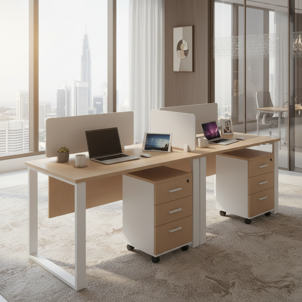 2 Person Office Workstation Desk with Drawers UAE | Oak & White 240cm | Dubai Office Furniture