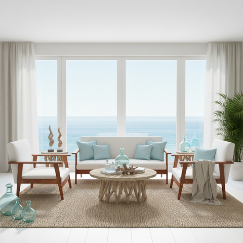 Wooden Sofa Set 3+1+1 | Cherry Wood & Off-White Cushions – INFINI HOMES