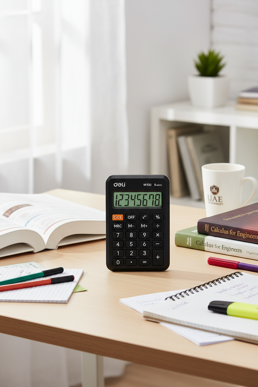 Deli EM100 Calculator 12-Digit Display Dubai UAE | Portable Solar Calculator for Office School | Dual Power Desktop Calculator