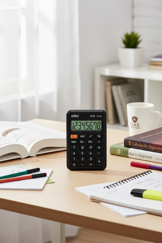 Deli EM100 Calculator 12-Digit Display Dubai UAE | Portable Solar Calculator for Office School | Dual Power Desktop Calculator