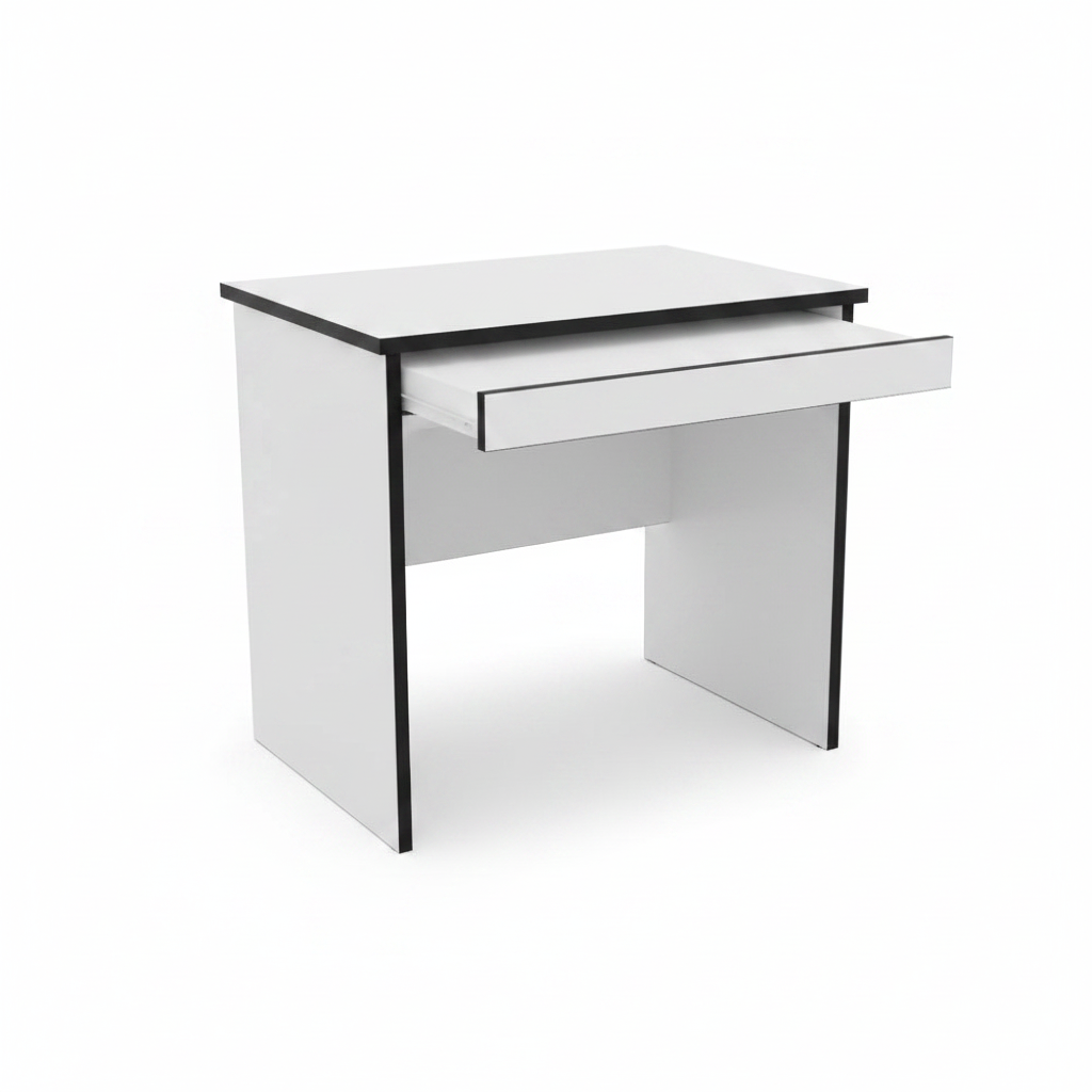 Wooden computer table with storage drawer, white finish, black trim – home office desk UAE