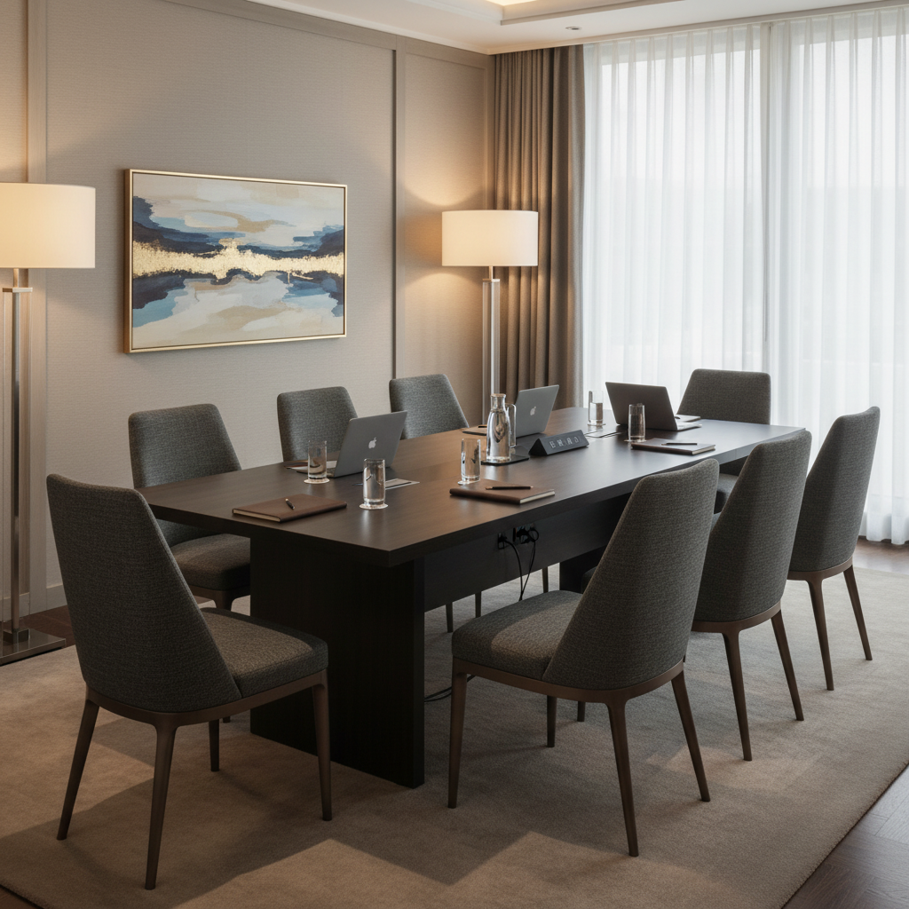 Dark wenge meeting table 200x100cm in luxury hotel boardroom with upholstered chairs – UAE hospitality furniture | INFINI HOMES