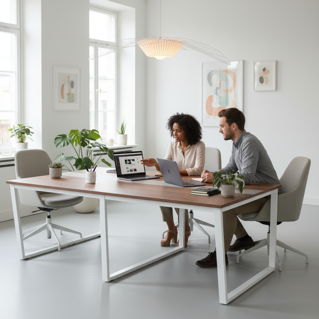 Wooden Steel Meeting Table IH 2412 with white steel legs and walnut top – two professionals collaborating in a modern UAE office