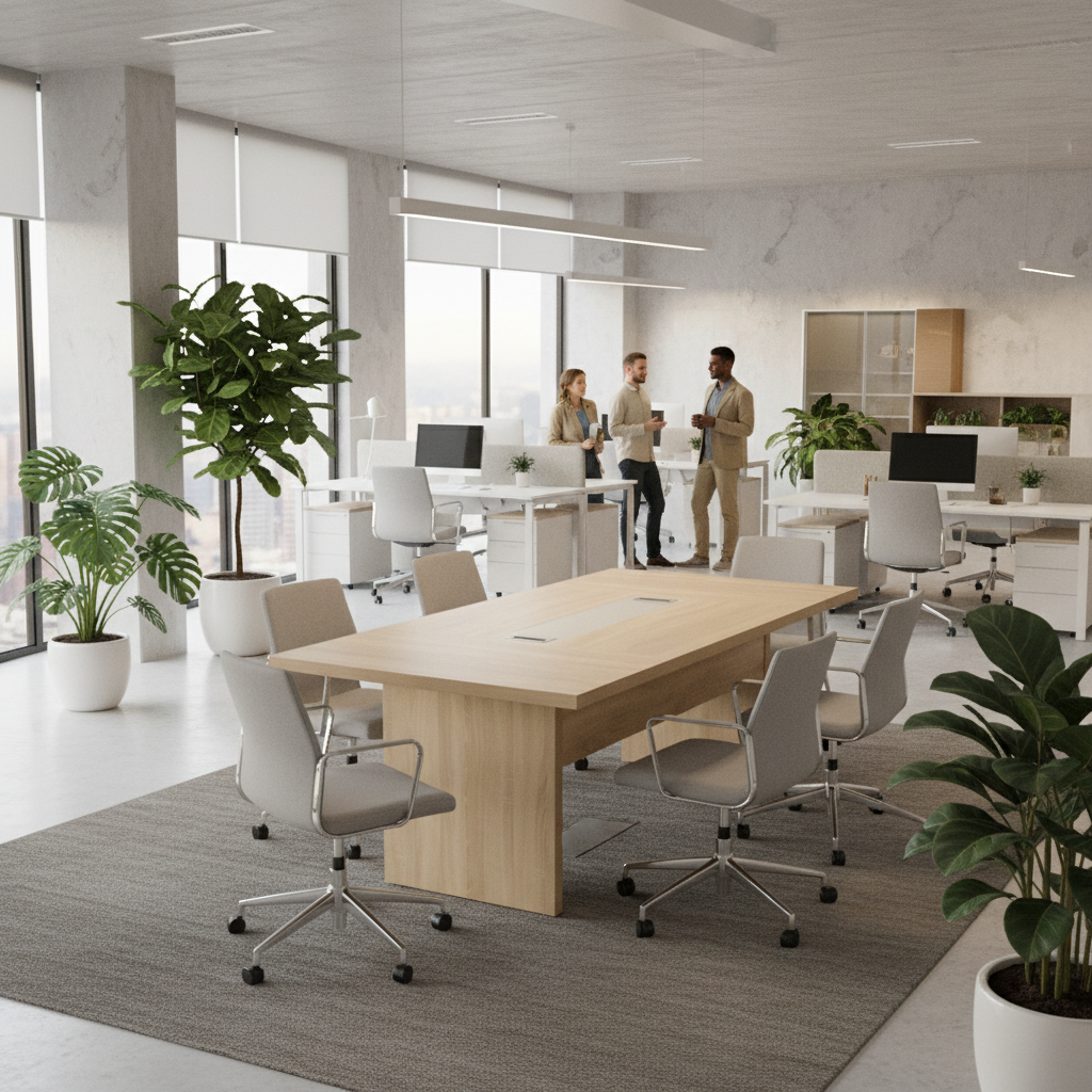 Beige meeting table 200x100cm in open-plan office with ergonomic chairs – office furniture Dubai UAE | INFINI HOMES