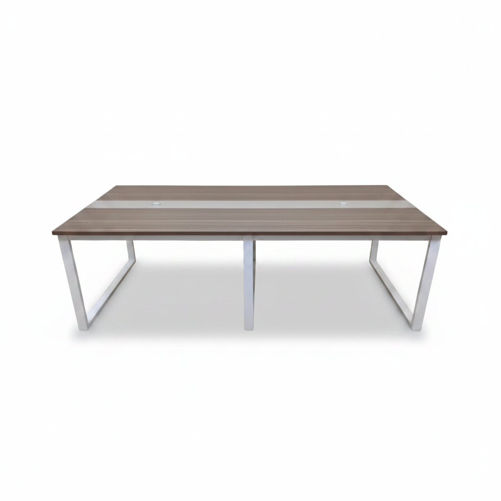 Wooden Steel Meeting Table IH 2412 – walnut top with white steel loop-leg frame, front view on white background, available in UAE