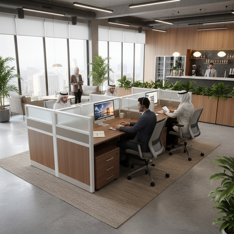 4-Person Work Station Oak+Kakie | Office Furniture UAE | INFINI HOMES