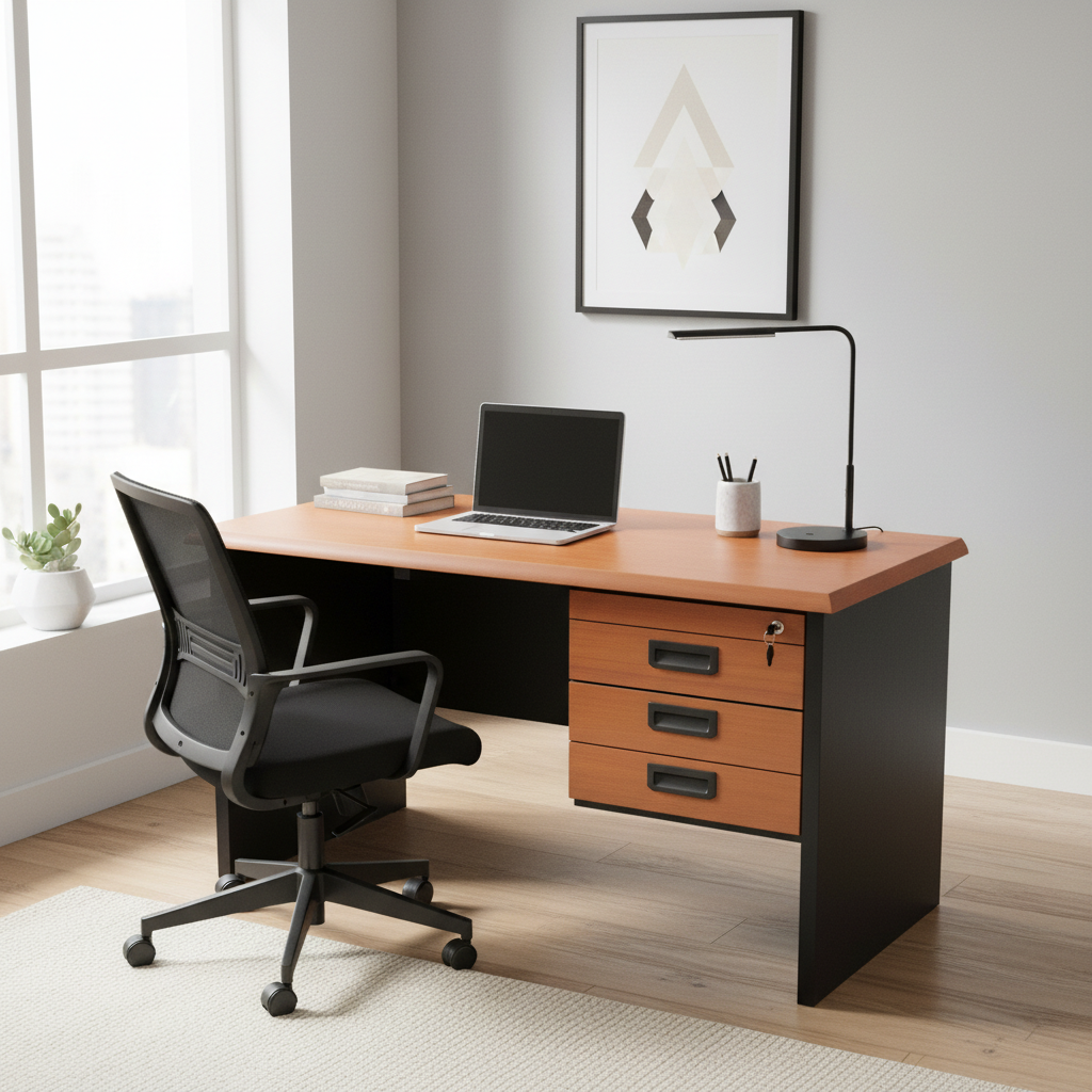 Wooden Side Desk with 3 Drawers in Contemporary Home Office Setup – Buy Office Furniture UAE | INFINI HOMES