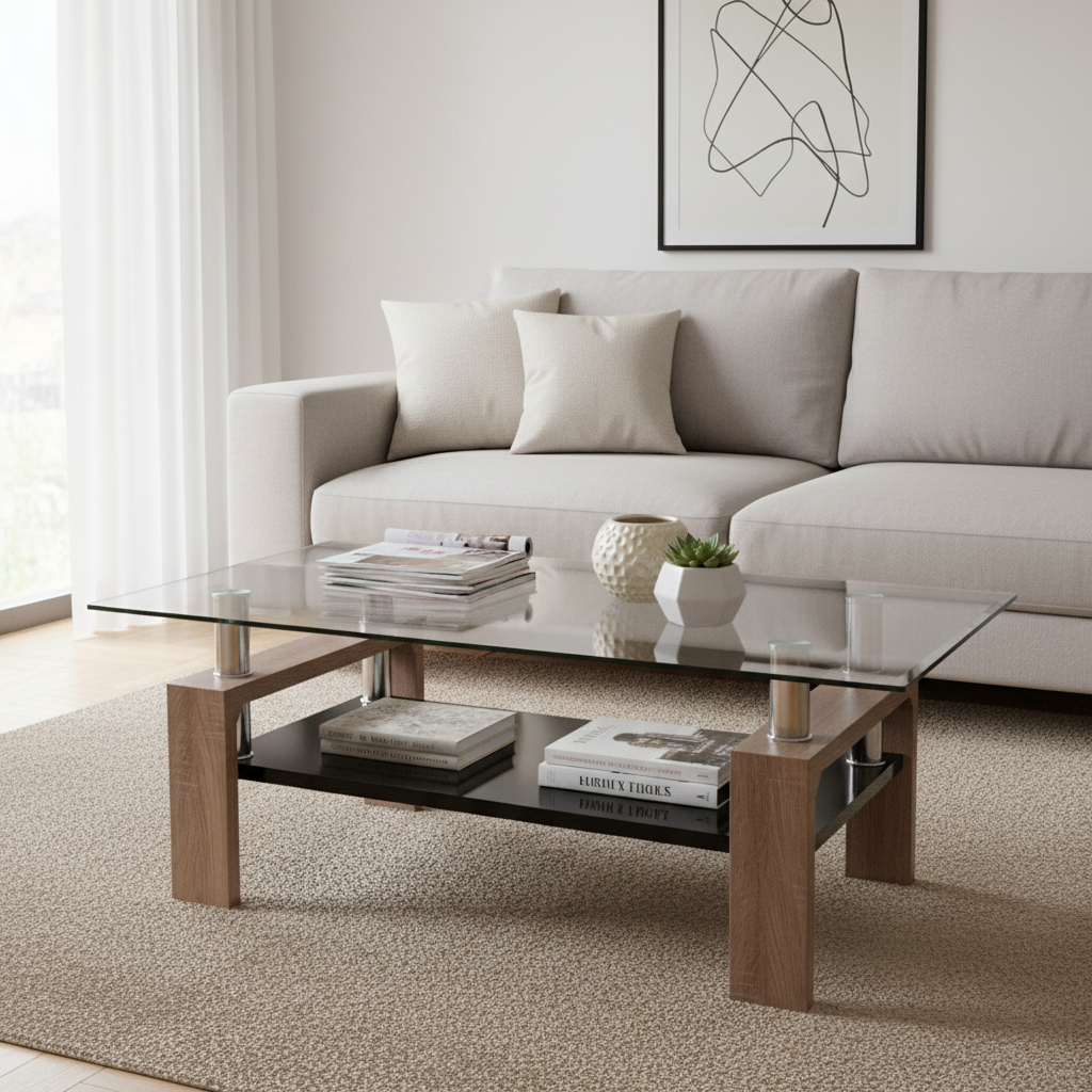 Coffee Table with Glass Top and Walnut Legs IH 7907-Walnut | Dubai, Abu Dhabi, Sharjah