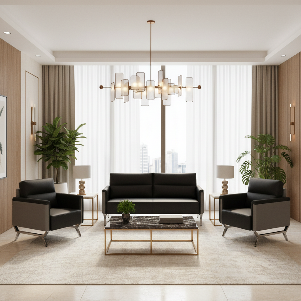 Capri 3 Seater Sofa Set Black Grey PU Leather | Modern Living Room Furniture UAE