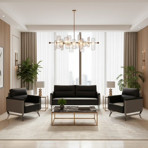 Capri 3 Seater Sofa Set Black Grey PU Leather | Modern Living Room Furniture UAE
