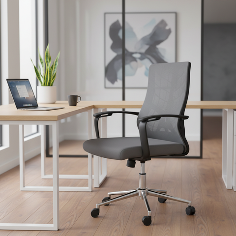 Medium Back Mesh Office Chair UAE | Ergonomic Chrome Base | Dubai Office Furniture | IH 8008M GRY