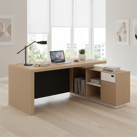 L-Shaped Office Desk 200x160cm - Executive Corner Table with Drawer & Storage | Oak White | UAE