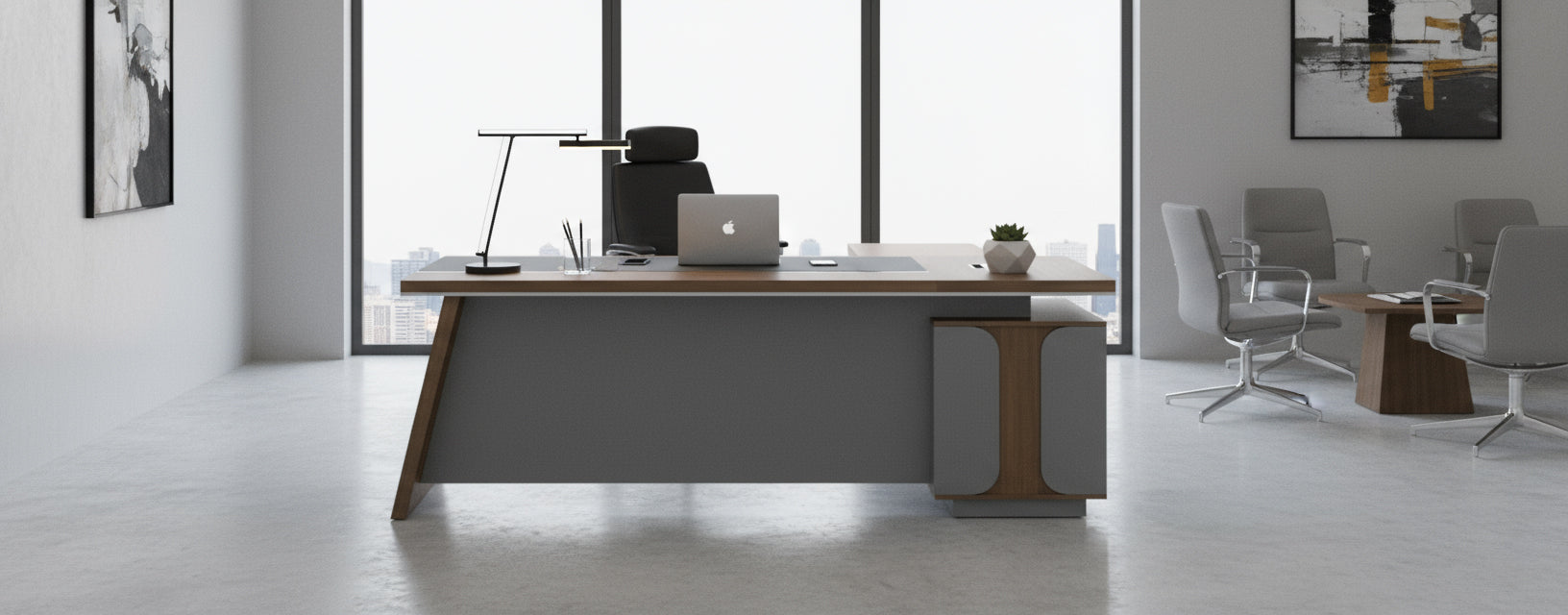L-Shaped Office Desk 180x160cm with 3 Drawers - Executive Return Table UAE | Walnut Grey