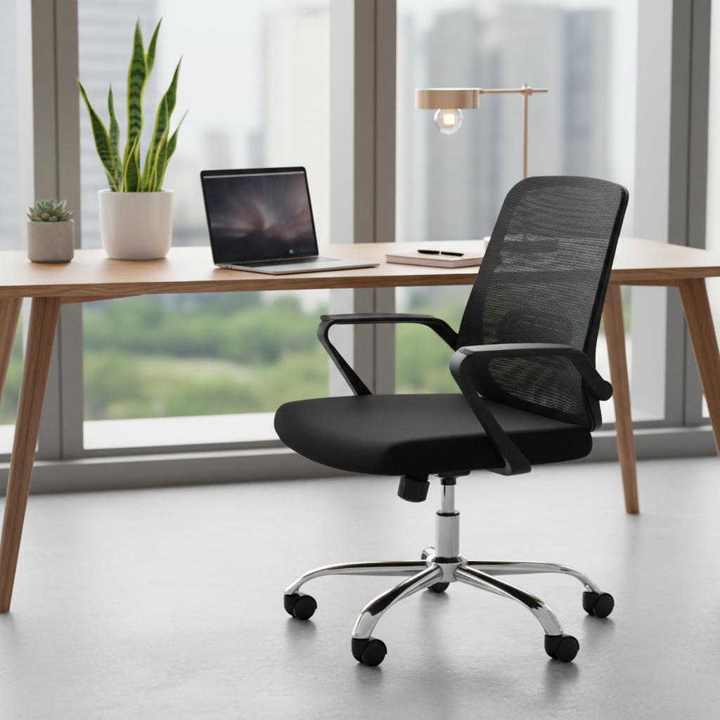 Medium Back Mesh Office Chair UAE | Ergonomic Chrome Base | Dubai Abu Dhabi | IH 9397 BLK
