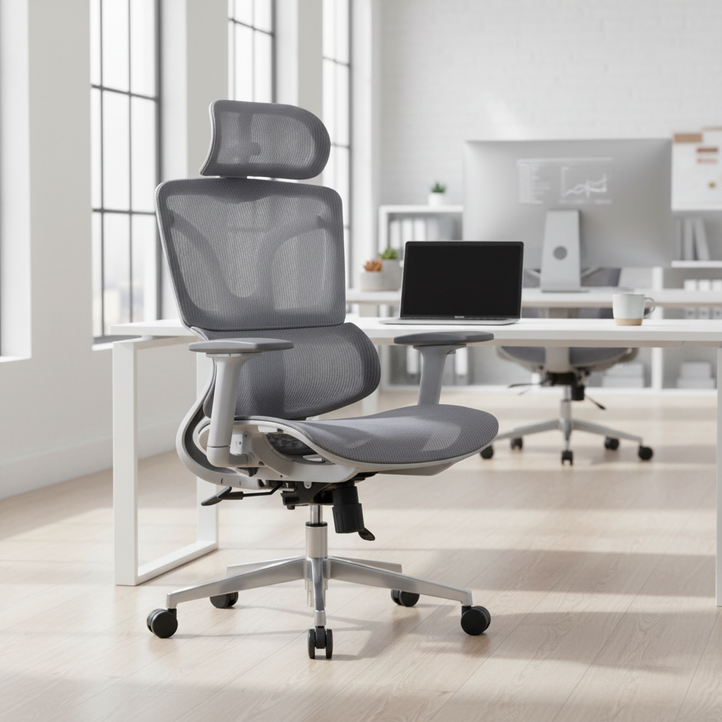 Ergonomic Mesh Grey Office Chair with Lumbar Support & Headrest - High Back Executive Chair UAE | IH A-217