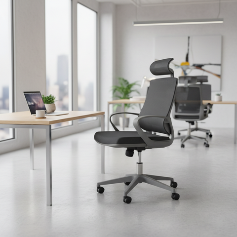 High Back Office Chair with Headrest Grey - Ergonomic Executive Chair UAE