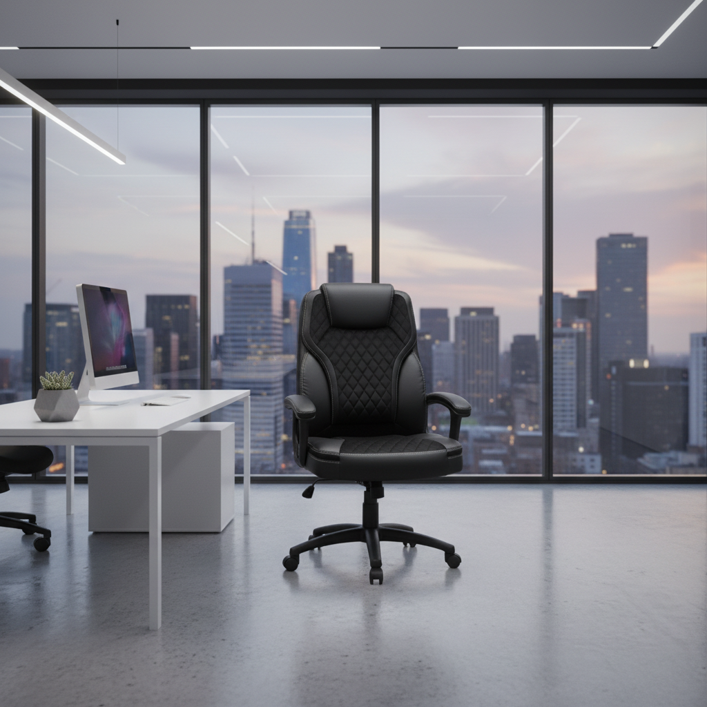 Black High Back Executive Office Chair with Nylon Casters in Premium Corporate Office with City View – IH 7123 | Executive Chair Dubai