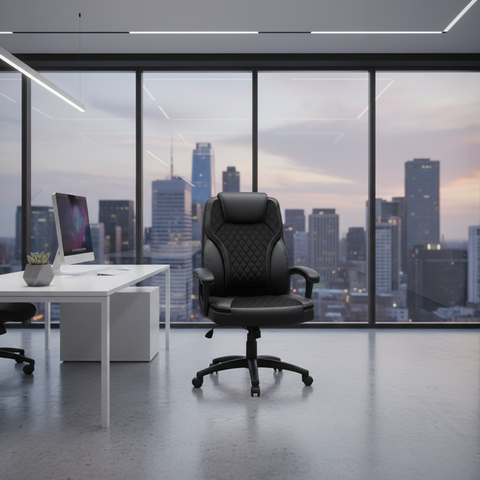 Black High Back Executive Office Chair with Nylon Casters in Premium Corporate Office with City View – IH 7123 | Executive Chair Dubai
