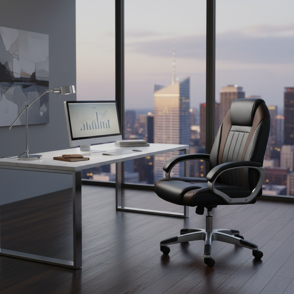 INFINI HOMES IH 7121 Black PU Leather High Back Office Chair in a corporate executive office with floor-to-ceiling city skyline view – premium office furniture UAE