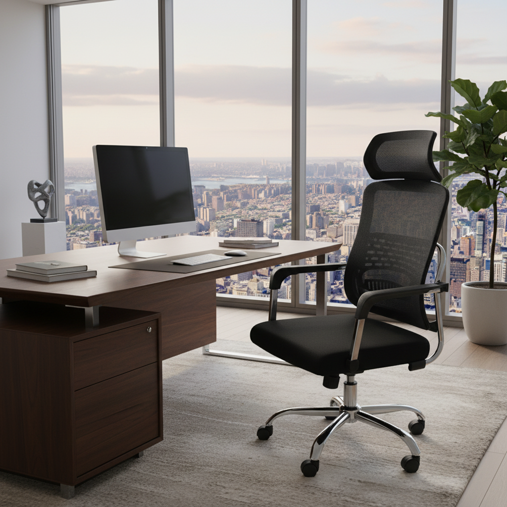 Black mesh office chair in corporate workspace – premium ergonomic seating for offices in UAE
