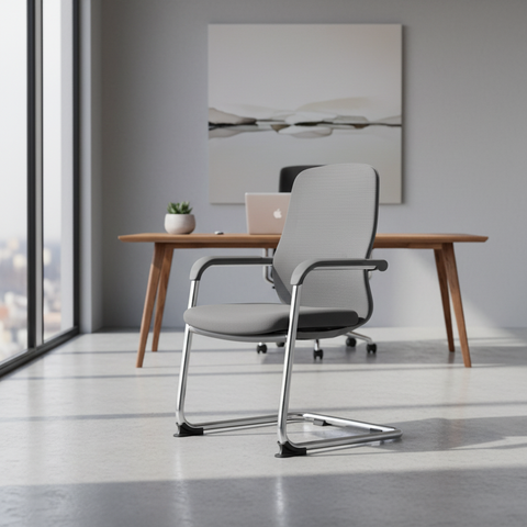 Ergonomic Mesh Visitor Chair Grey - Office Guest Chair UAE with Chrome Arms & Base | IH 202