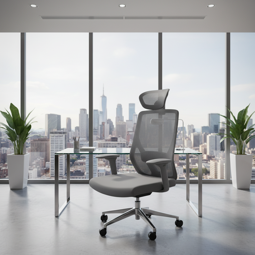 Ergonomic Mesh Office Chair with Fixed Arms and Chrome Base in Corporate Office – Dubai UAE