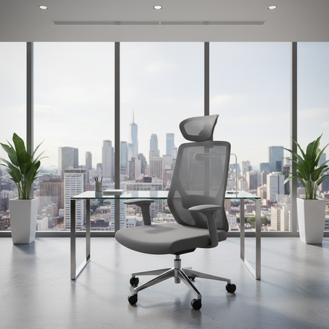 Ergonomic Mesh Office Chair with Fixed Arms and Chrome Base in Corporate Office – Dubai UAE