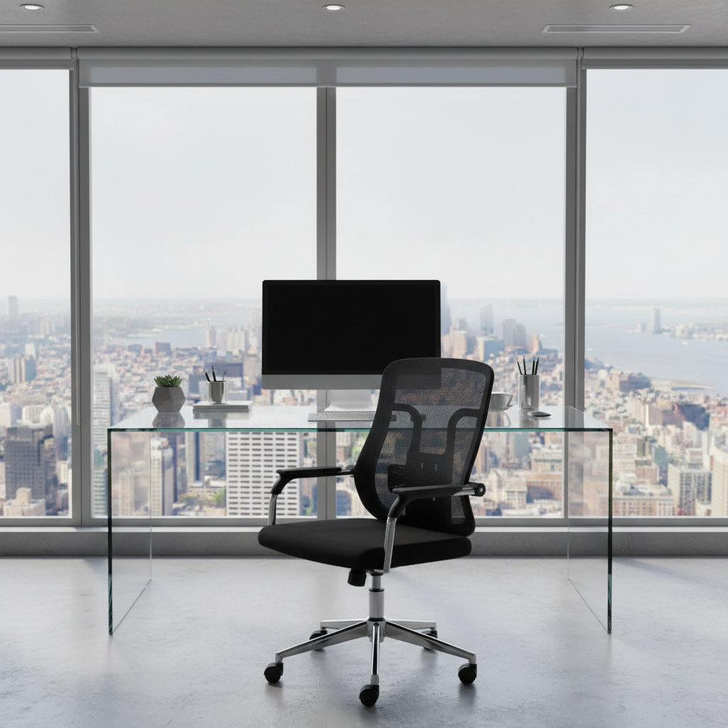 Medium Back Black Mesh Office Chair in Corporate High-Rise Office with Skyline View – Office Furniture UAE | INFINI HOMES