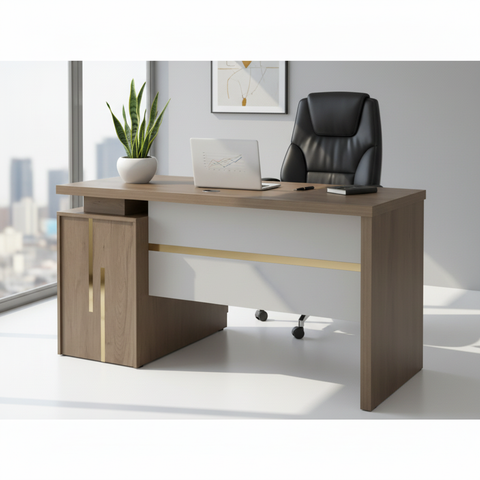 Executive office desk with gold trim and storage cabinet in a corporate workspace – office furniture UAE