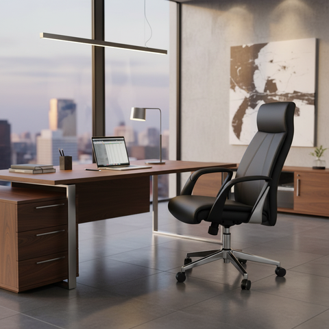 Ergonomic PU Leather Executive Office Chair IH-954H-BLK in black, styled in a modern corporate office with floor-to-ceiling windows and city skyline view – available in UAE