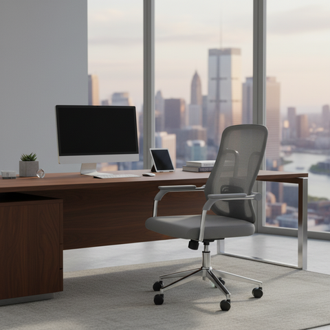 Medium Back Grey Mesh Office Chair with Chrome Base in Corporate Office with City Skyline View – Office Furniture UAE | INFINI HOMES