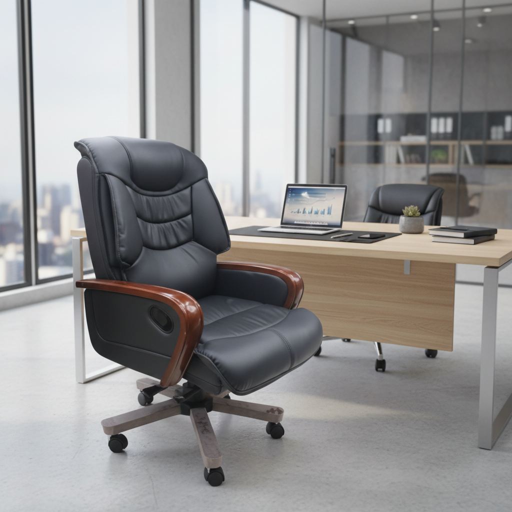 Executive Manager Office Chair Black - PU Leather Recliner with Wooden Arms | UAE | IH 7026