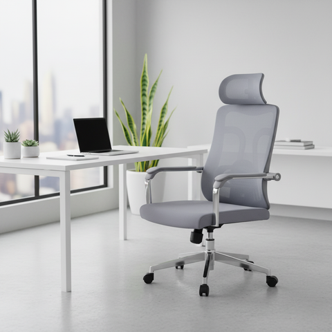 Ergonomic Mesh Grey Office Chair with Headrest - High Back Executive Chair UAE | Chrome Base | IH A-215-S
