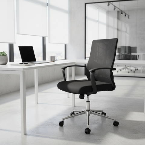 Medium Back Mesh Office Chair UAE | Ergonomic Chrome Base | Dubai Office Furniture | IH 8008M BLK