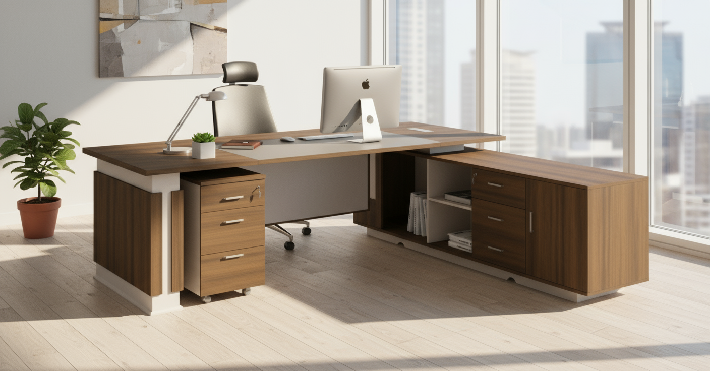 L Shaped Office Desk 240x220cm with Mobile Drawer - Executive Office Table Dubai UAE