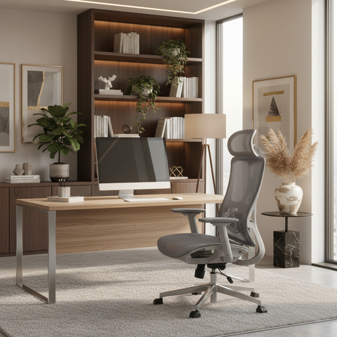 Premium Ergonomic Grey Office Chair with Headrest Dubai | High Back Mesh Executive Chair UAE | IH A-216