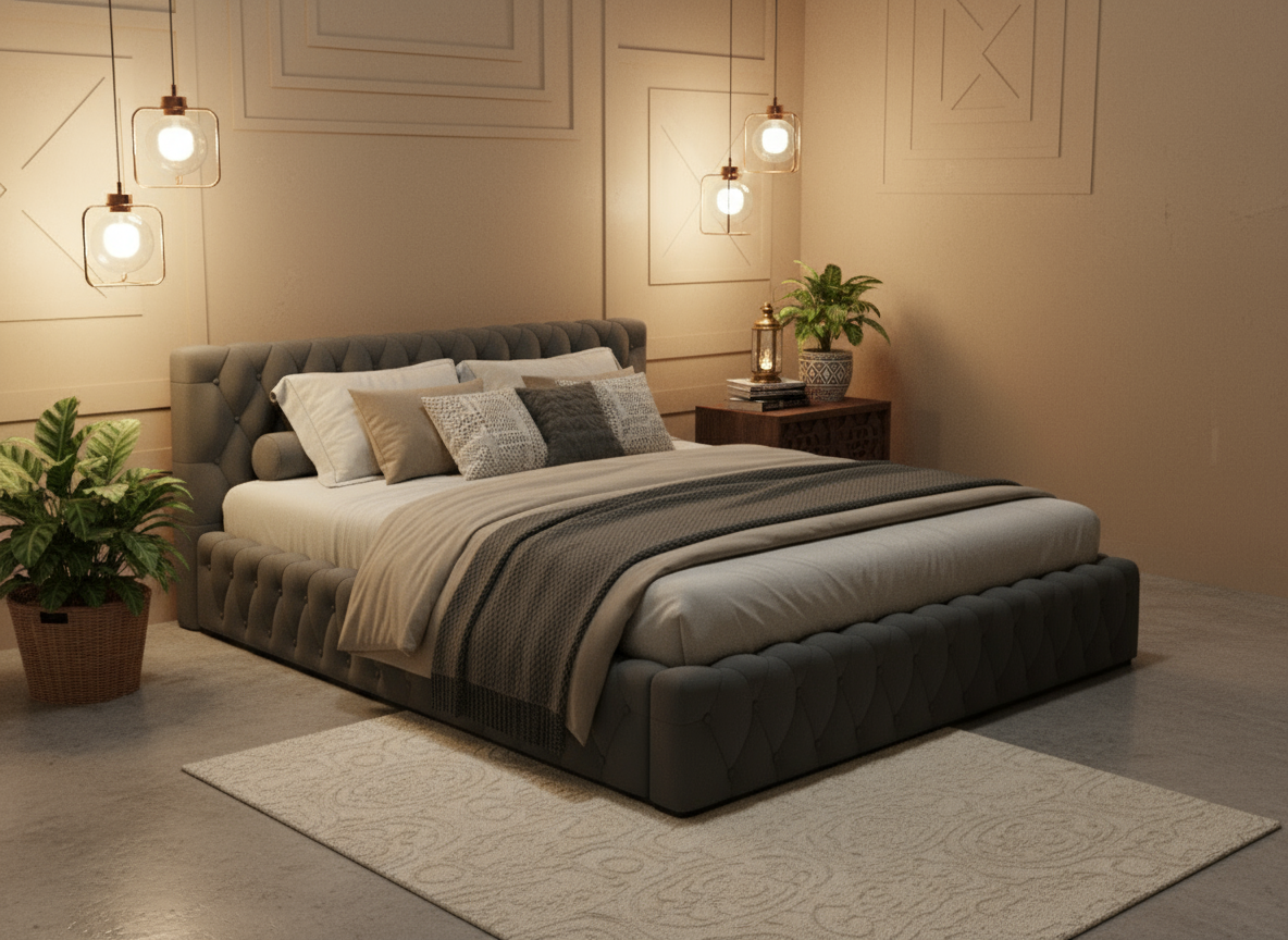 Premium Low-Profile Tufted Upholstered Wooden Bed 150×190cm Double Size | UAE Delivery to Dubai, Abu Dhabi, Sharjah