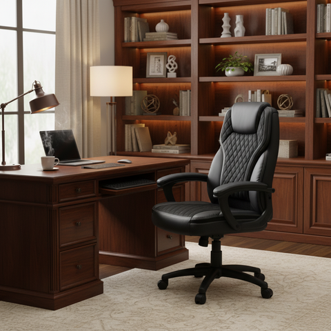Black High Back PU Leather Executive Chair with Diamond Quilted Backrest in Classic Home Study with Wooden Bookshelves – IH 7123 | Office Chair Abu Dhabi