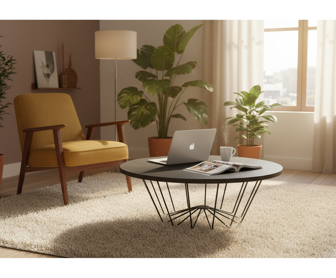 Round Decorative Table Dubai UAE - Premium Basalt Top & Black Steel Frame | INFINI HOMES