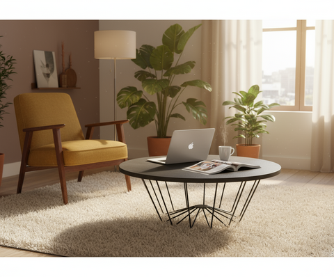 Round Decorative Table Dubai UAE - Premium Basalt Top & Black Steel Frame | INFINI HOMES