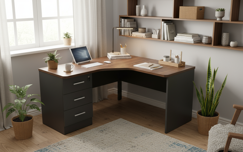 INFINI HOMES L Shape Table UAE - Coffee Brown 140x140cm Fixed Drawer Dubai Abu Dhabi Sharjah