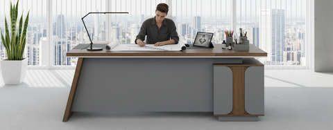 L-Shaped Office Desk 180x160cm with 3 Drawers - Executive Return Table UAE | Walnut Grey