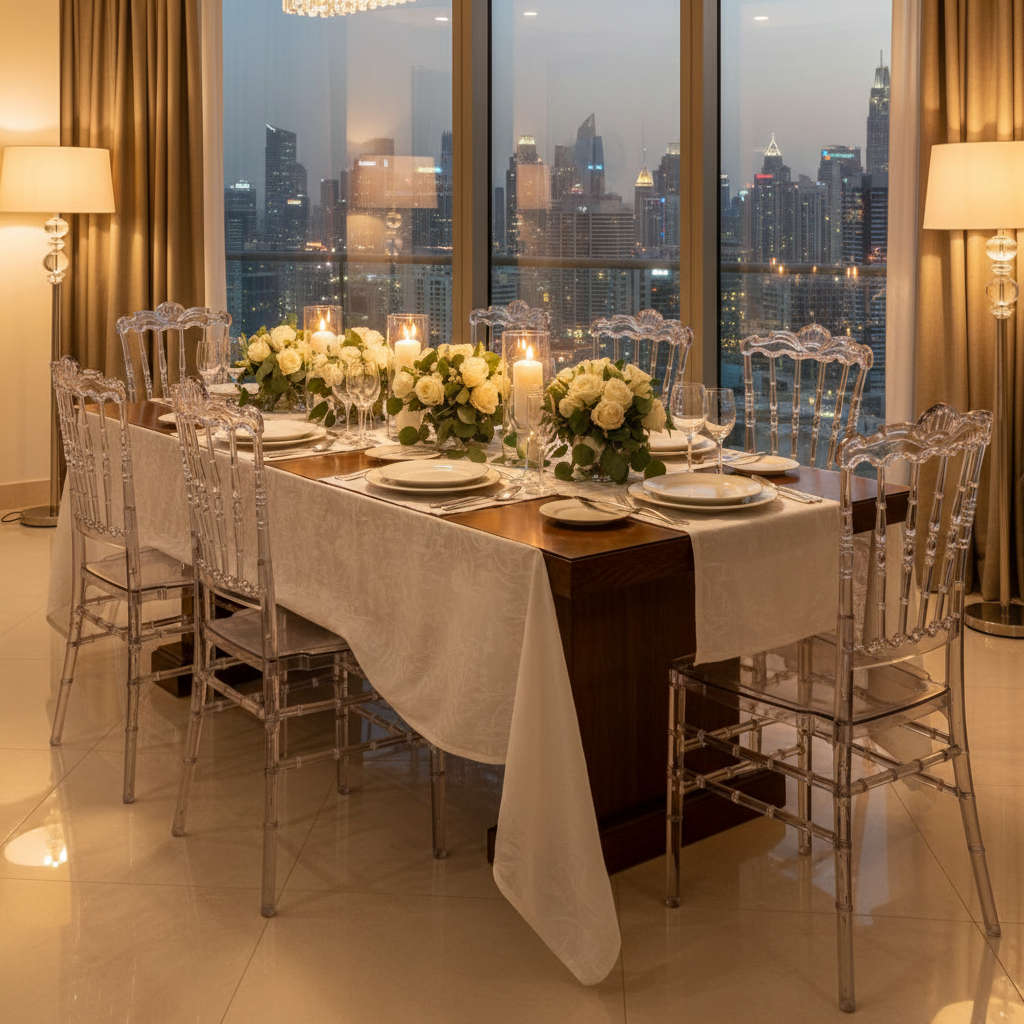 Crystal Napoleon Chairs Around Formal Dining Table with Dubai Skyline – Premium Event Chairs UAE