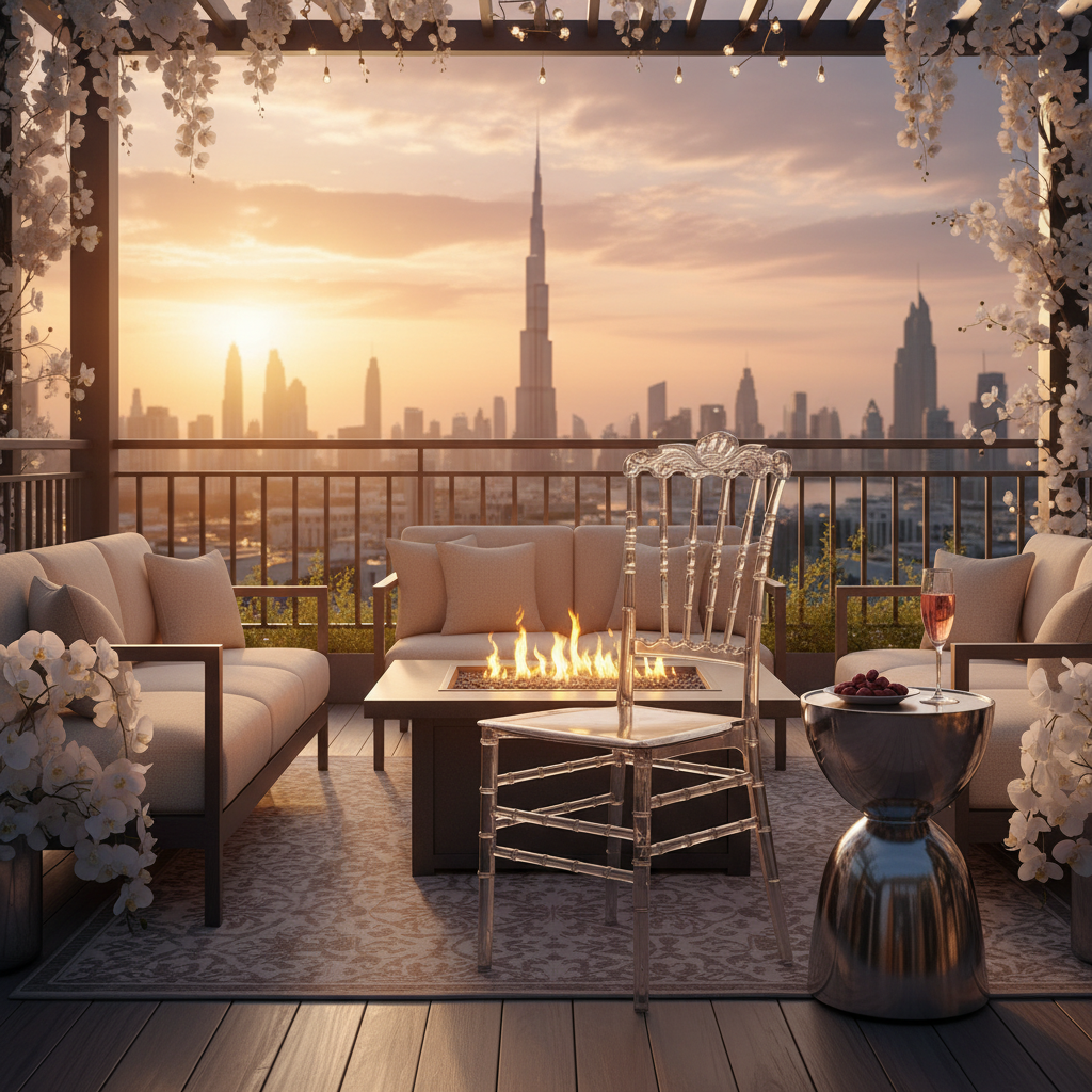 Crystal Napoleon Chair on Dubai Outdoor Terrace at Sunset – Acrylic Patio Chair for Hospitality UAE
