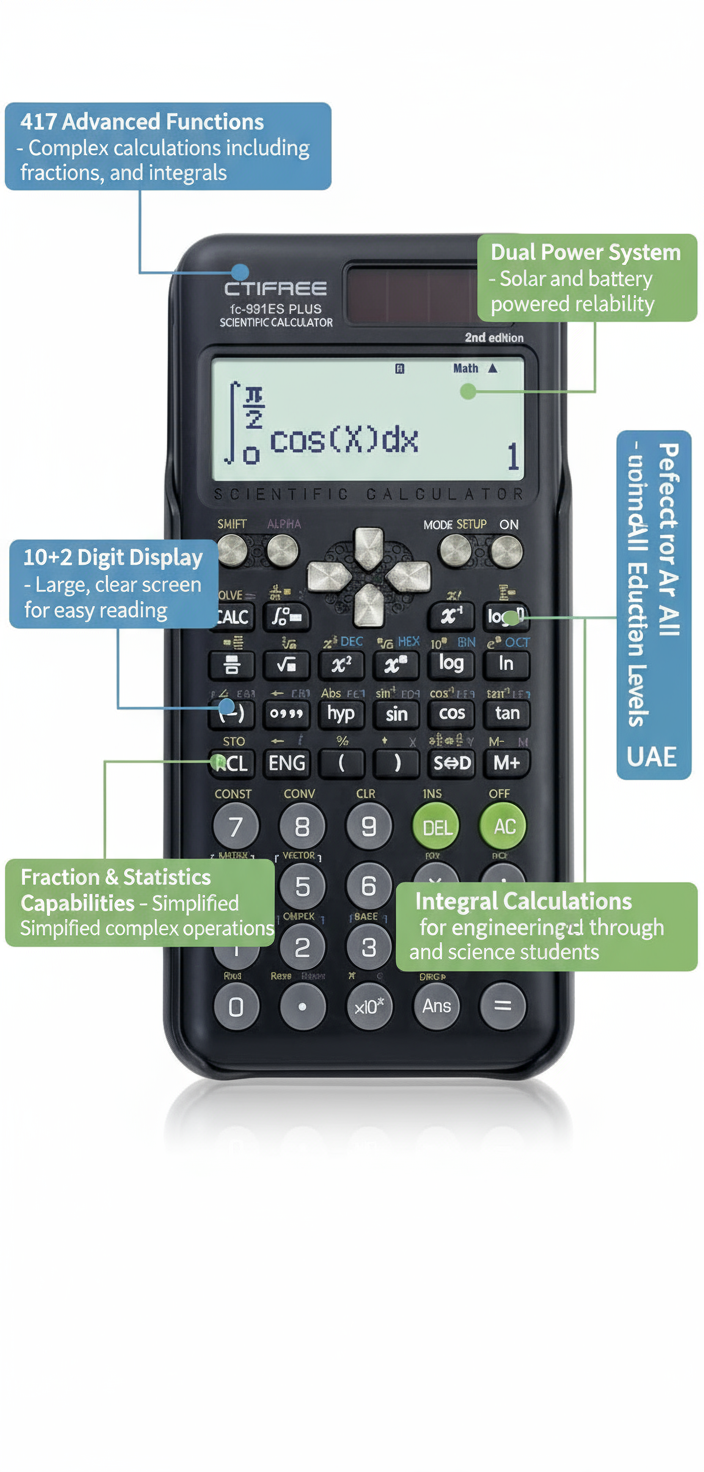Scientific Calculator 417 Functions - Solar & Battery Powered for Students UAE | CTIFREE FC-991MS