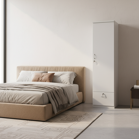 INFINI HOMES Single Door Wooden Wardrobe UAE - White Engineered Wood 1 Drawer Modern Dubai Abu Dhabi Sharjah