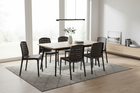 Dark brown plastic dining chairs in modern dining room - UAE interior furniture Dubai Abu Dhabi