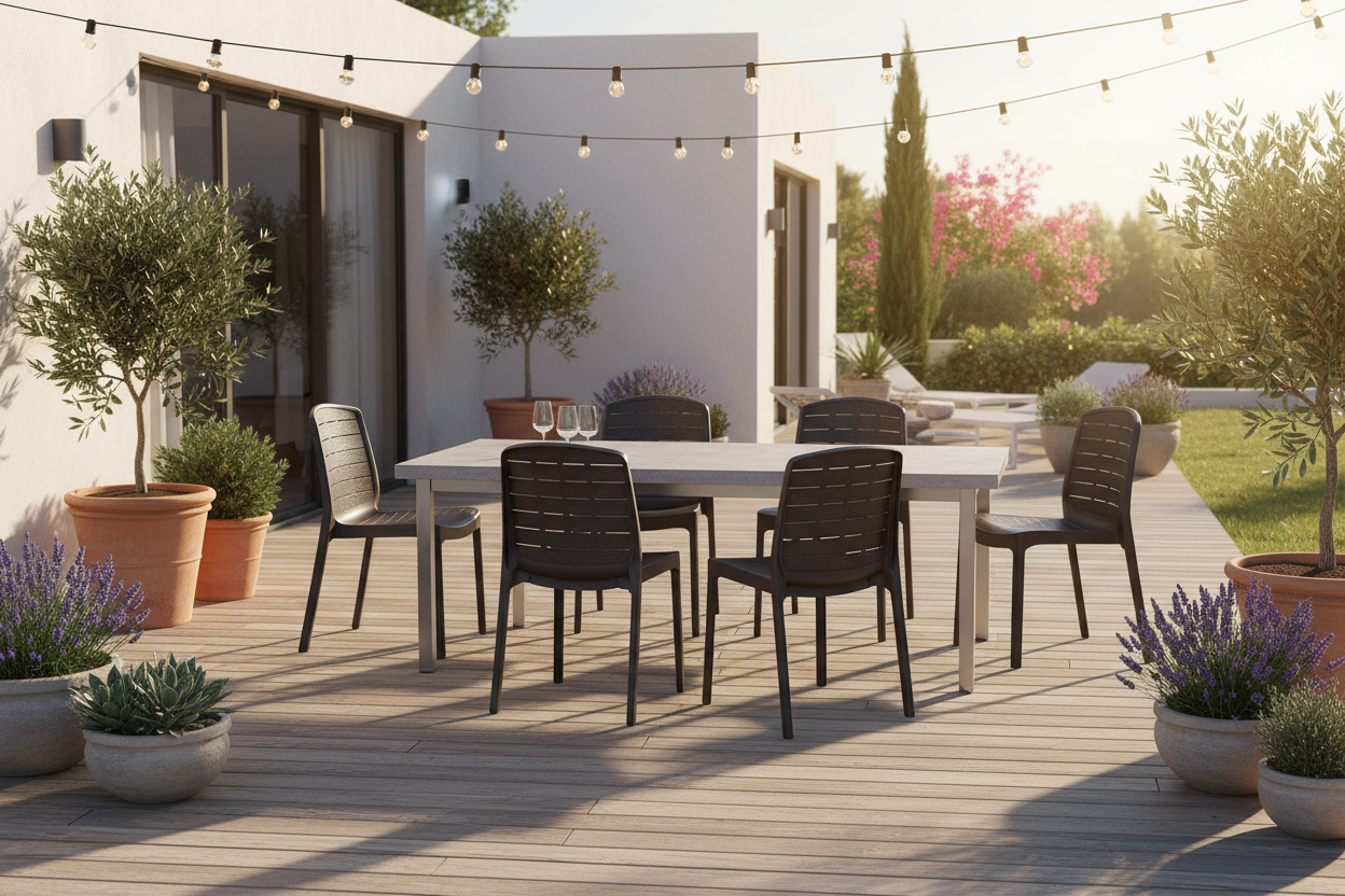 Dark brown plastic dining chairs lifestyle display - premium UAE furniture Dubai