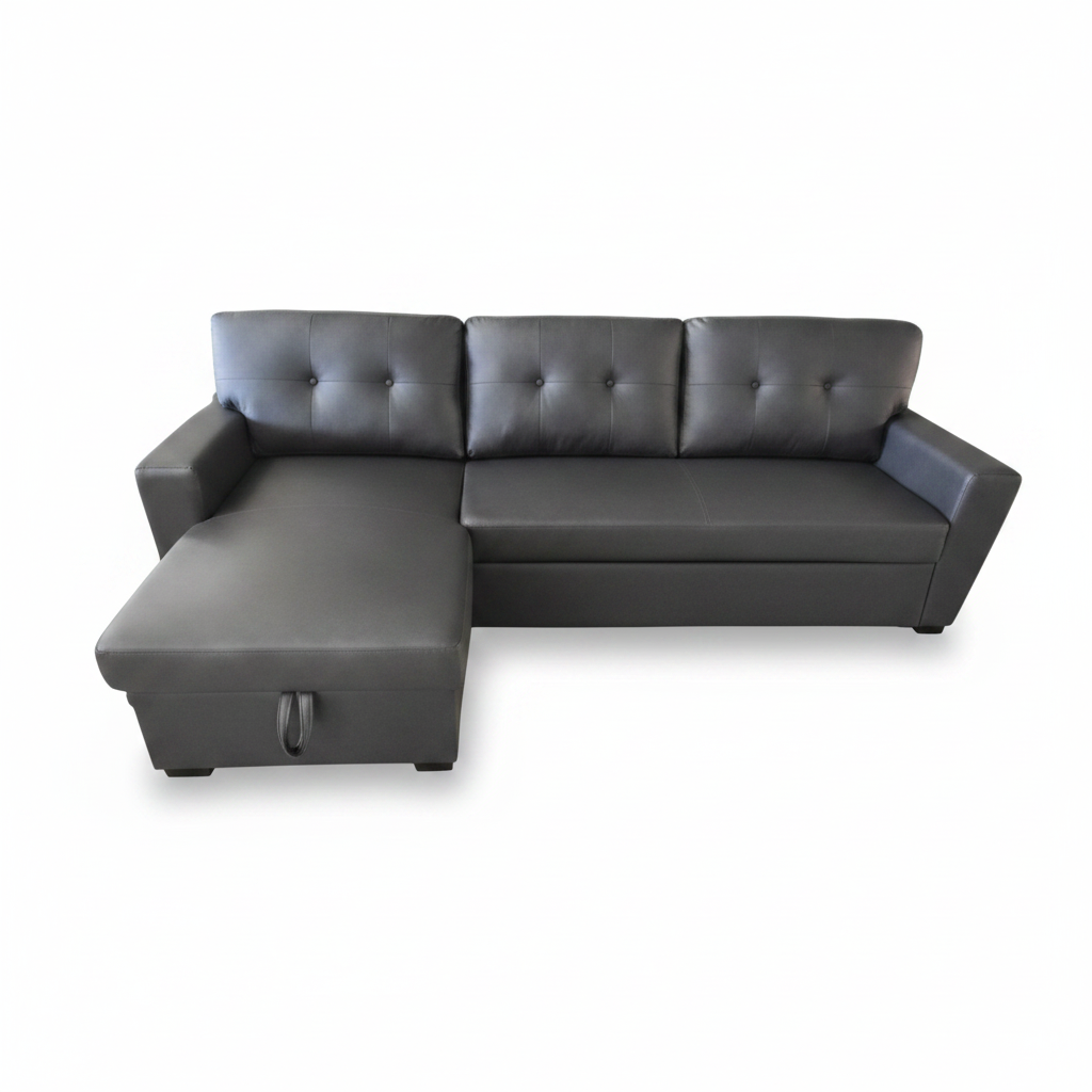 Black PU Leather L-Shape Sofa Cum Bed with Storage Chaise – Convertible Sofa Bed UAE